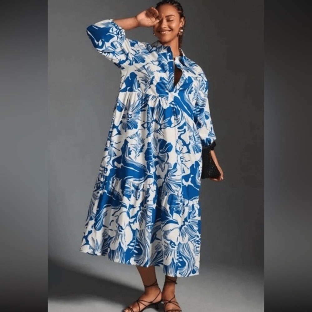 Anthropologie Maeve The Bettina Tiered Shirt Dress Bishop Sleeve Sundress XS